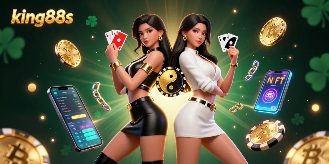 Engage with king88s in an electrifying gaming atmosphere featuring twin Asian women in dynamic poses holding cards.