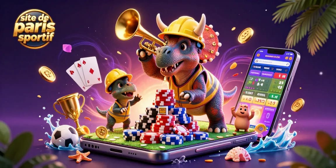 Pariez sur le site de paris sportif avec une scène festive de dinosaure et des éléments de jeu de société.
