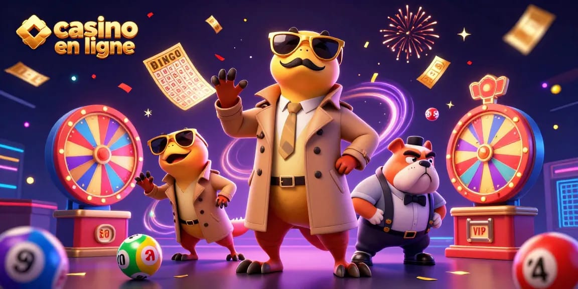 Jouez au casino en ligne avec des raptors au trench coat dans une ambiance festive.