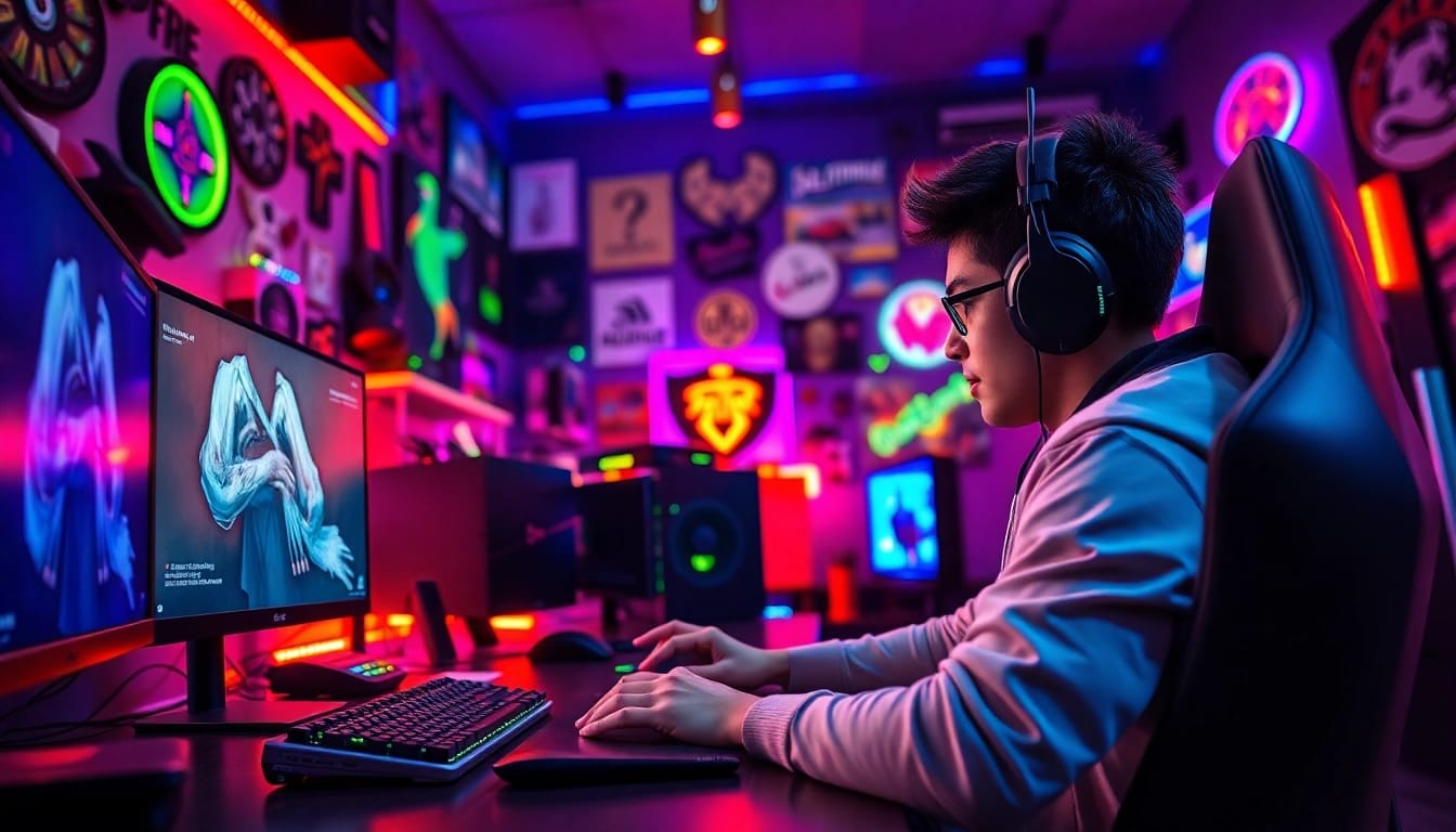 Engaging gamer immersed in game reviews, showcasing vibrant setup and atmosphere.