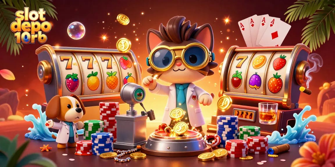 Engage with slot depo 10rb through an exciting casino scene featuring a mad scientist creating jackpots.
