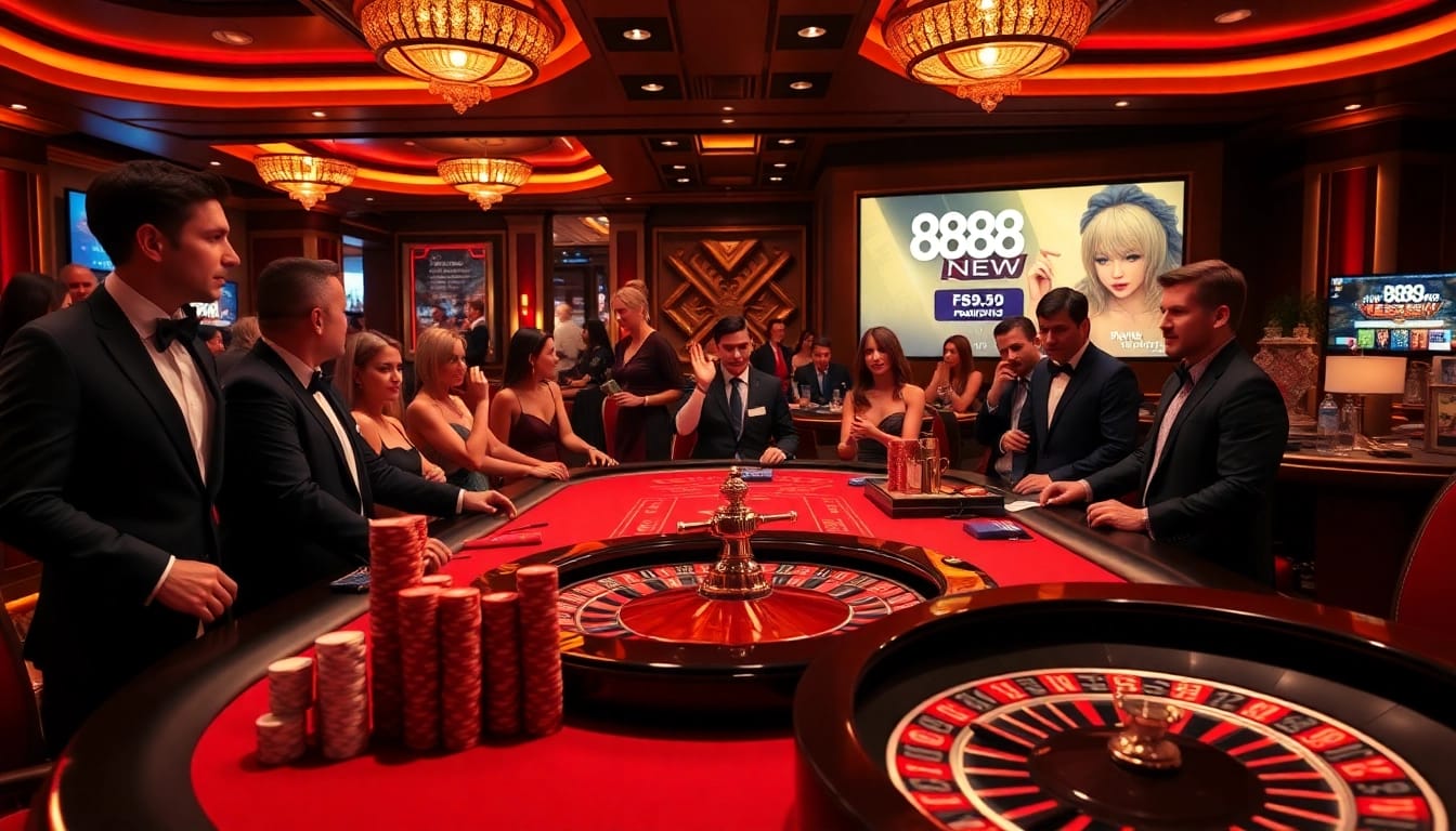 Excited players engaging in high-stakes games at 888NEW's luxurious casino.