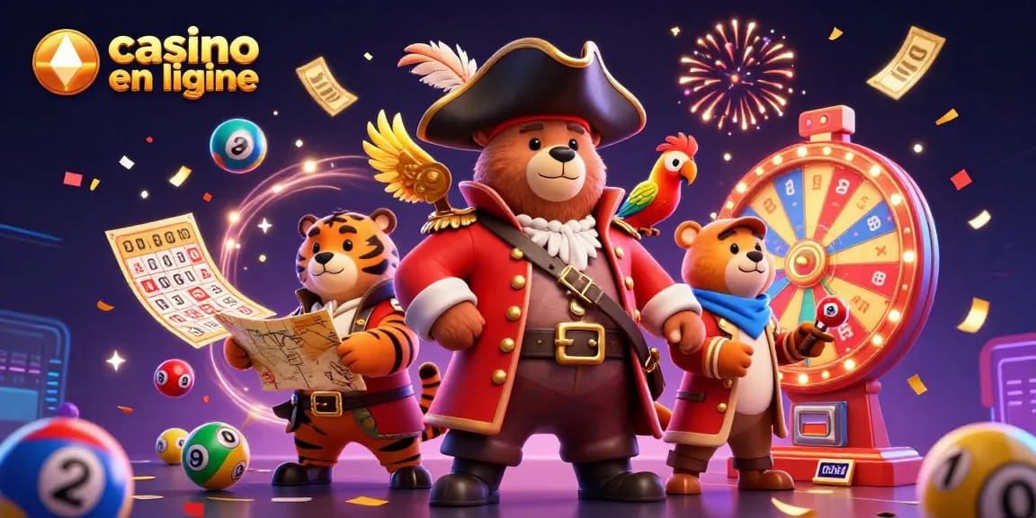 Casino en ligne : une illustration 3D dynamique avec des personnages amusants et des éléments de jeu.