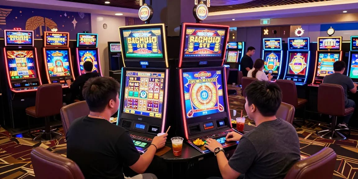 Exciting slot gacor gaming experience with players celebrating wins in a vibrant casino setting