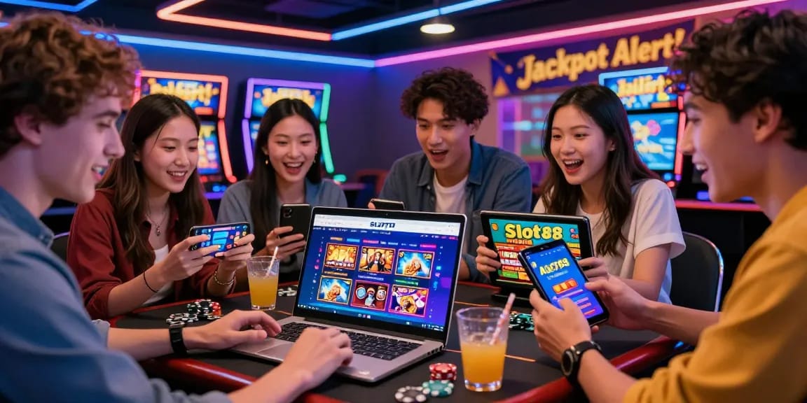 Friends enjoying slot777 online gaming with vibrant visuals and devices in lively atmosphere