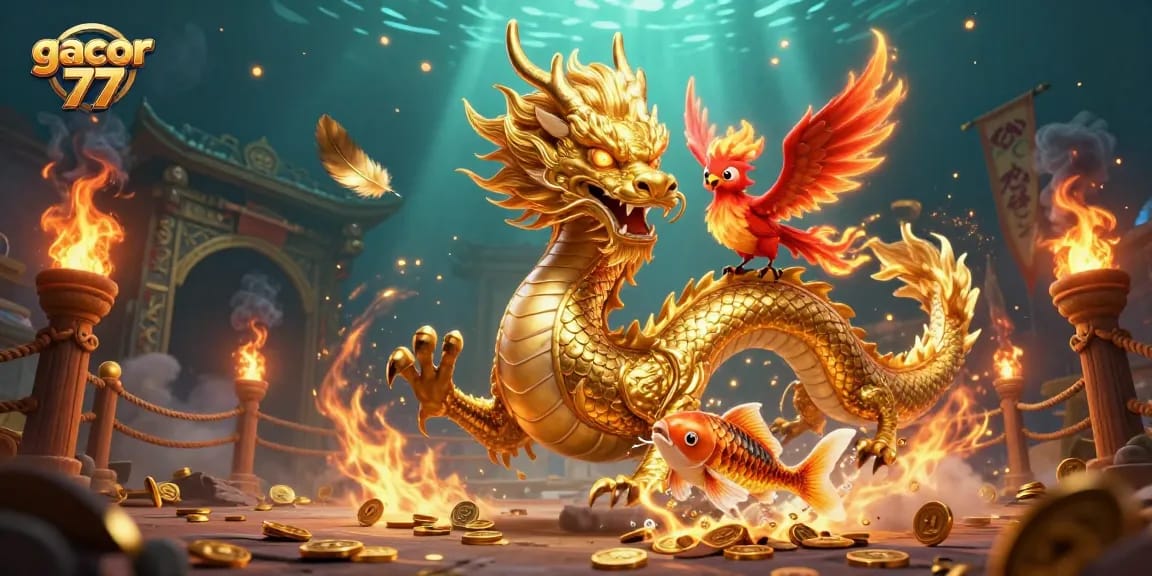 Menangkan jackpot gacor 77 dengan karakter naga emas dan phoenix berapi dalam ilustrasi menarik.