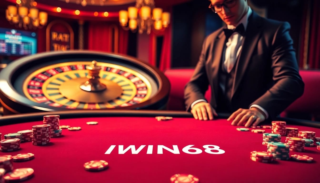 IWIN68 branded poker table with vibrant chips and cards, creating an engaging gambling atmosphere.