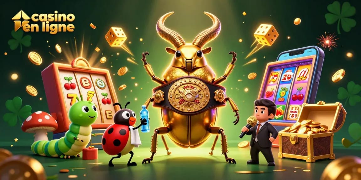 Illustration dynamique de casino en ligne avec un scarabée doré, coccinelle et éléments de jeux.