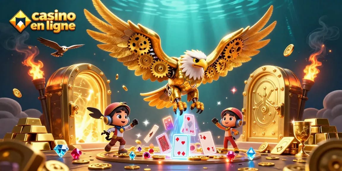 Gagnez avec le casino en ligne : illustration animée d'un aigle cybernétique et de cartes holographiques