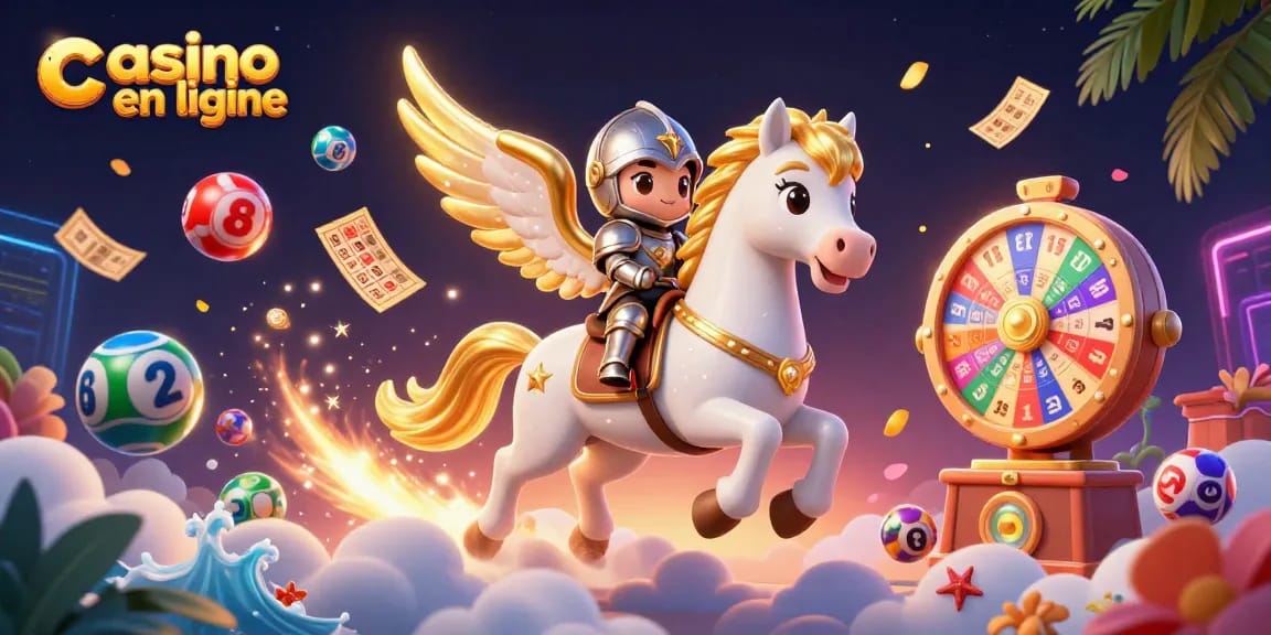 Vivez l'excitation du casino en ligne avec un cheval céleste et des jeux de loterie colorés.