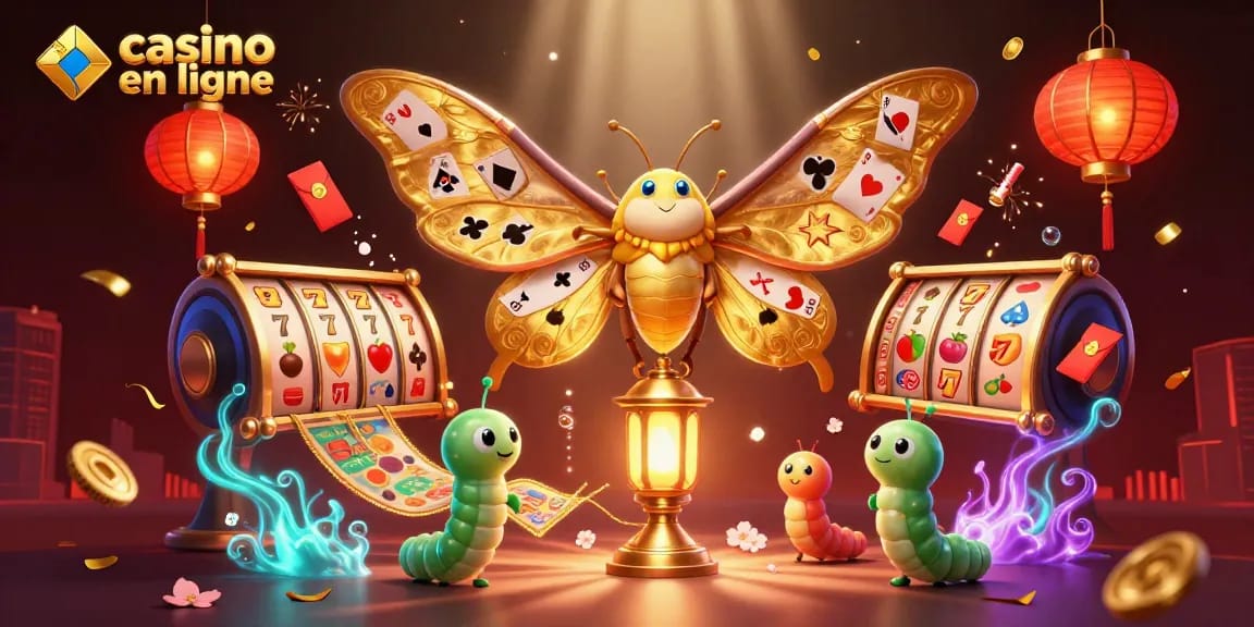 Illustration dynamique de casino en ligne mettant en avant un papillon atlas aux ailes dorées et des machines à sous.
