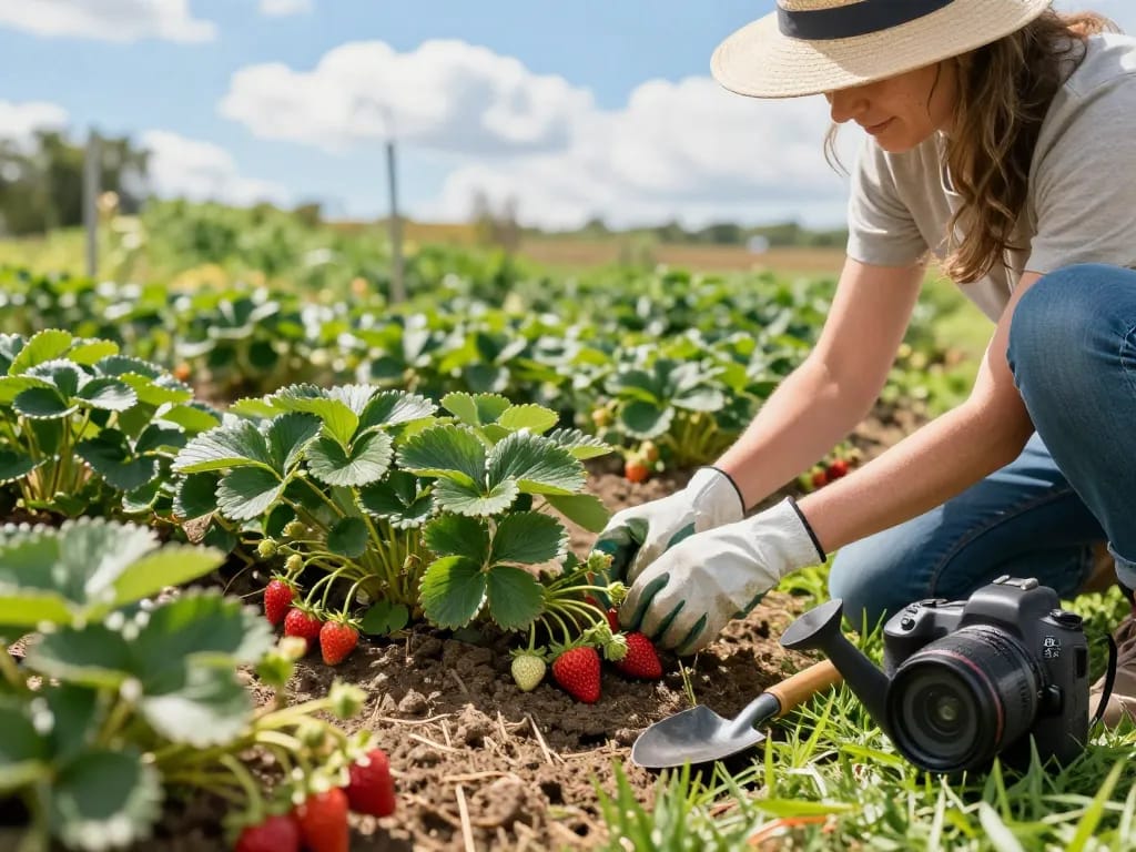 Vibrant home garden scene of a gardener tending to aardbeienplanten kopen, surrounded by fresh strawberries.