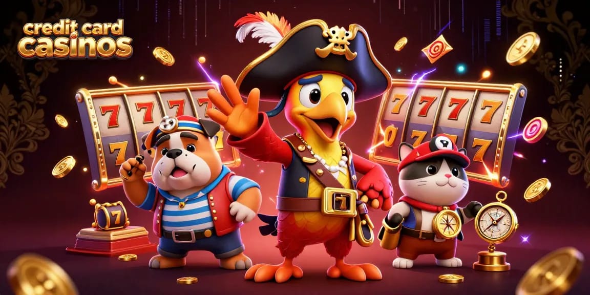 Experience excitement at credit card casinos with dynamic characters and vibrant casino elements.