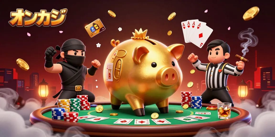 オンカジで勝利を目指し、金色の貯金箱相撲取りがコインを振りまくシーン