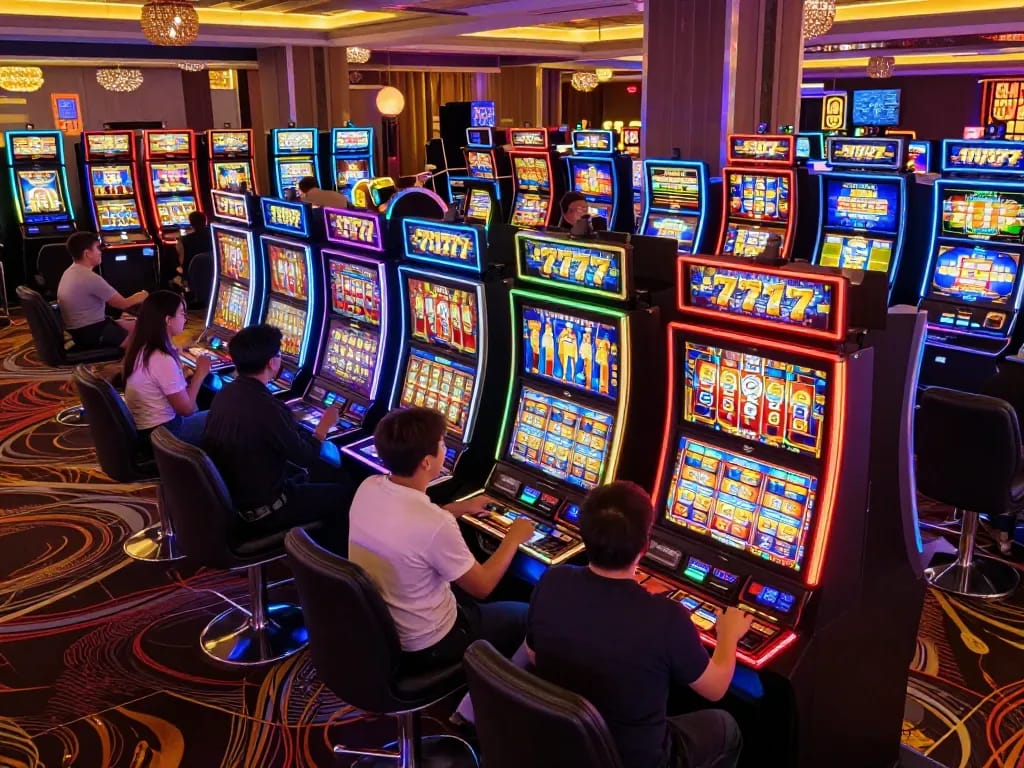 Engaging players at colorful slot 777 machines in a lively casino.