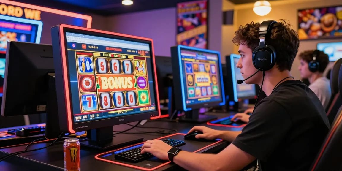 Engaging player at a credit card casino site like https://mvc.org.uk, showcasing vibrant gaming atmosphere and slot machine excitement.