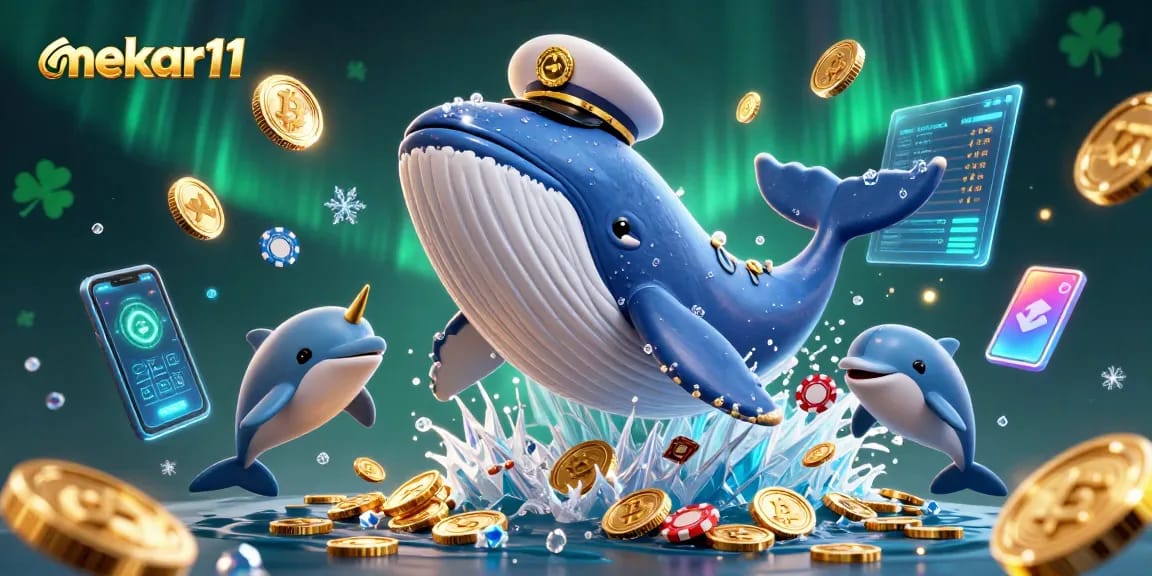 Mekar11 thrills with a dynamic 3D scene of a whale and dolphins amidst poker chips, shimmering coins, and crypto elements.