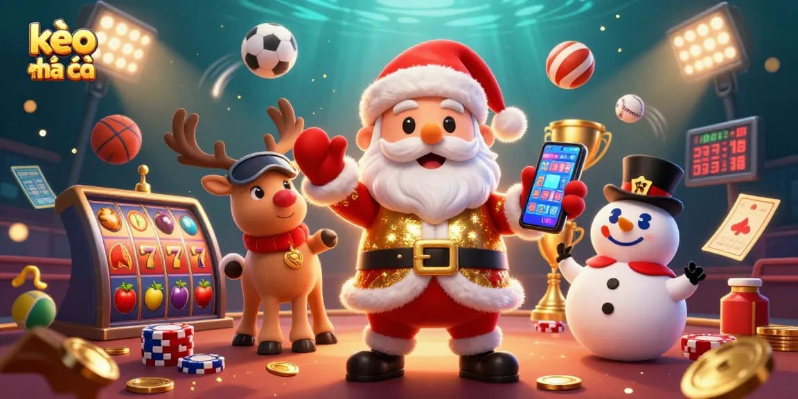 Bet on kèo nhà cái with Santa and friends in a vibrant casino scene full of lively characters and gaming elements.