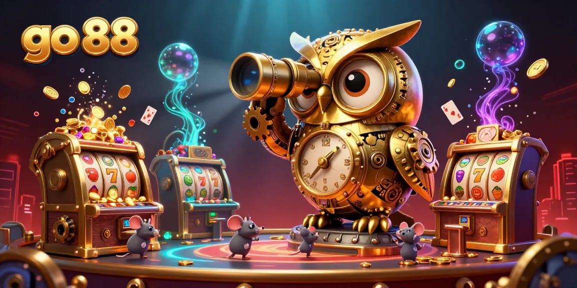 Exciting go 88 casino scene with a golden owl and slots amidst dynamic gaming elements.