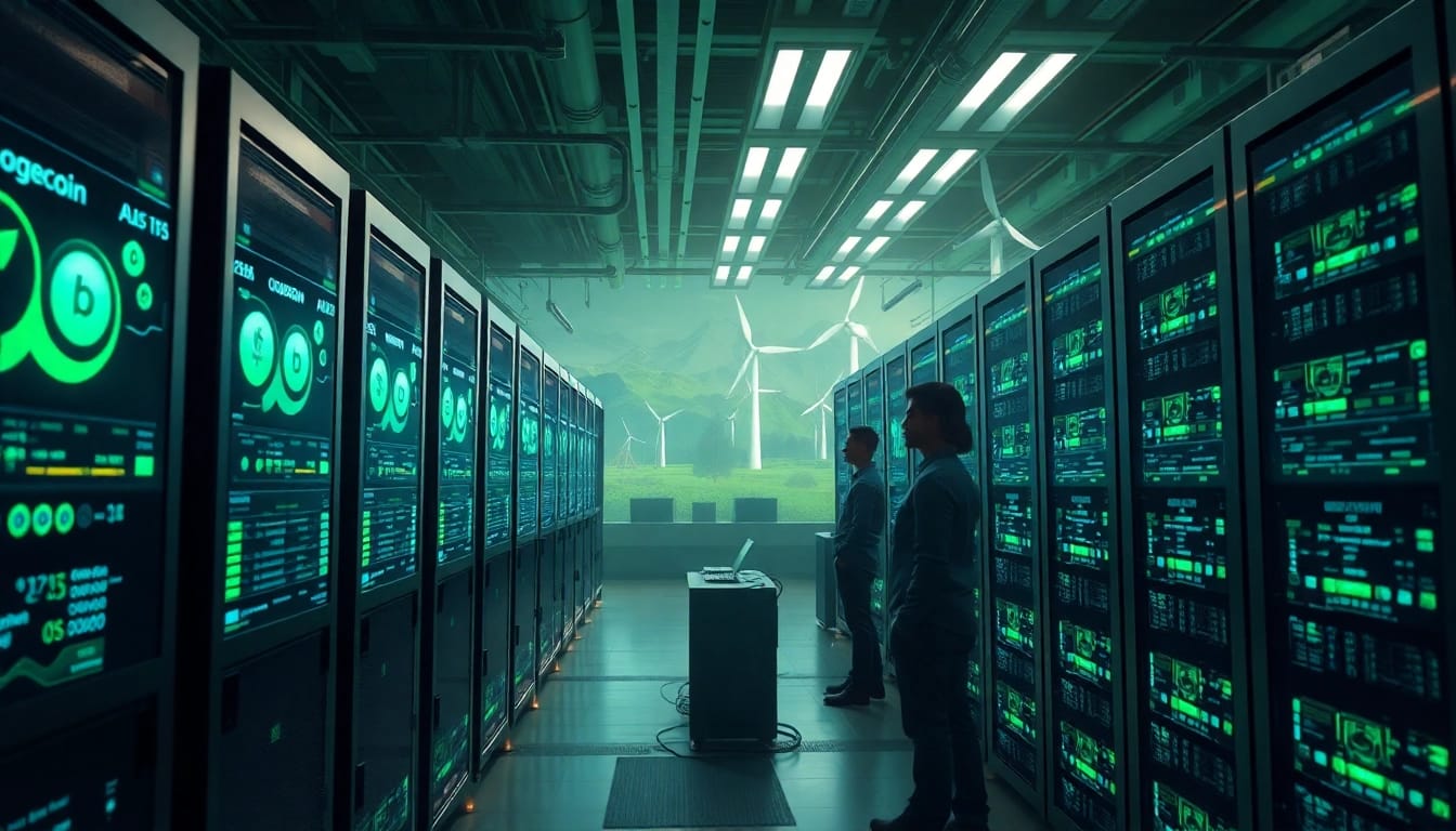 Dynamic dogecoin cloud mining facility showcasing advanced AI and green energy.
