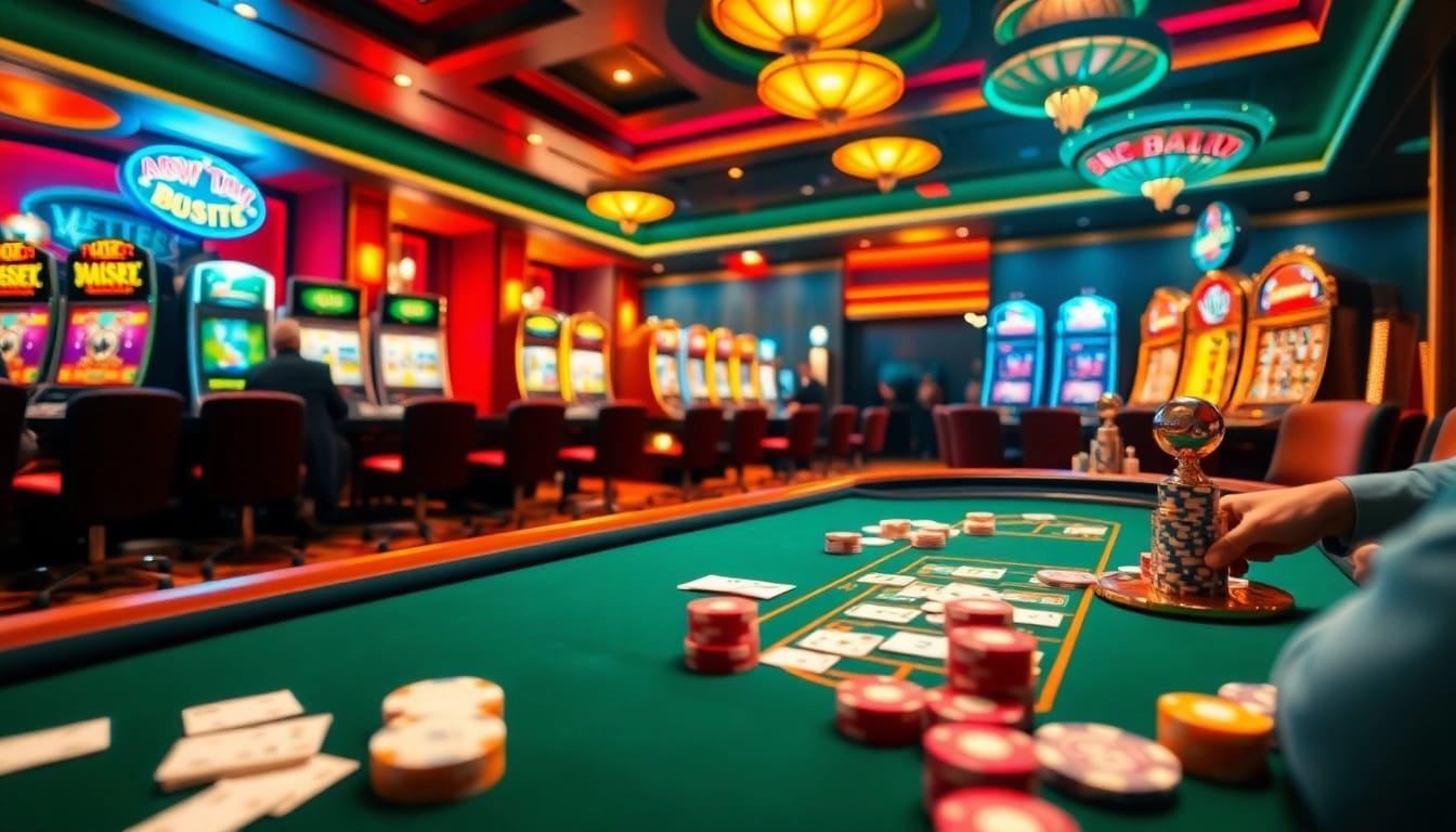 Scène excitante de casino en ligne avec des joueurs de poker et une roulette tournante.