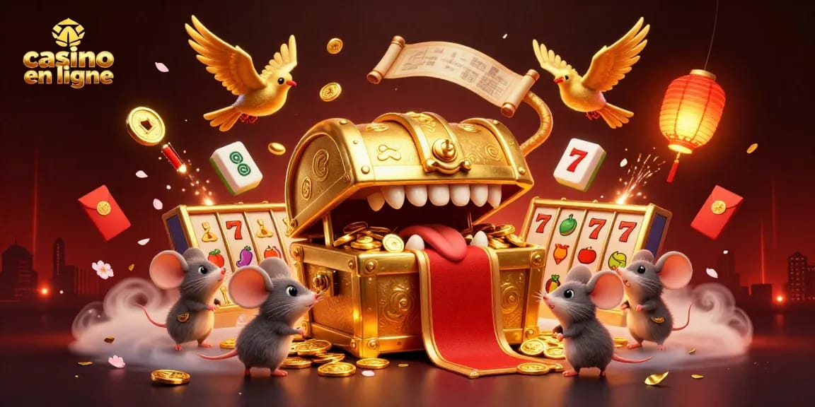 Scène captivante de casino en ligne avec des souris aventurières et un coffre aux trésors doré.
