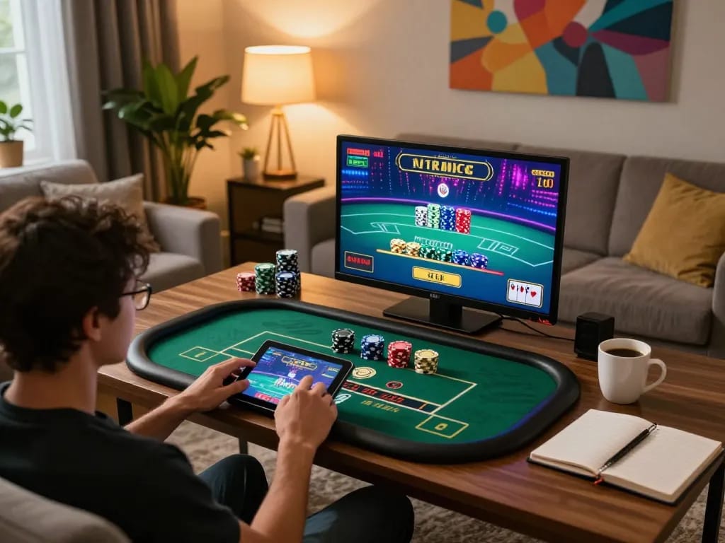 TT88 user engaged in live dealer gameplay from home, showcasing a cozy gaming atmosphere.