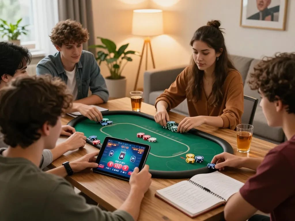 DOLA88 players enjoying an online poker game at home with strategic notes and lively atmosphere