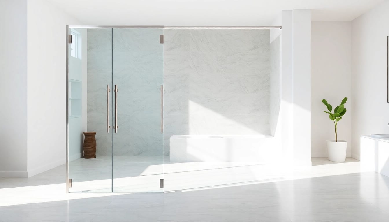 Elegant display of glass shower doors enhancing a modern bathroom design with seamless style.