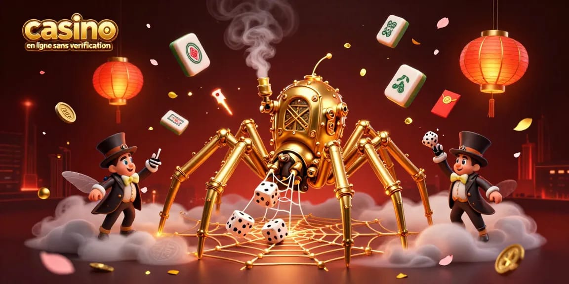 Vue dynamique d'un casino en ligne sans vérification, avec une araignée steampunk dorée captivant des dés dans son filet.