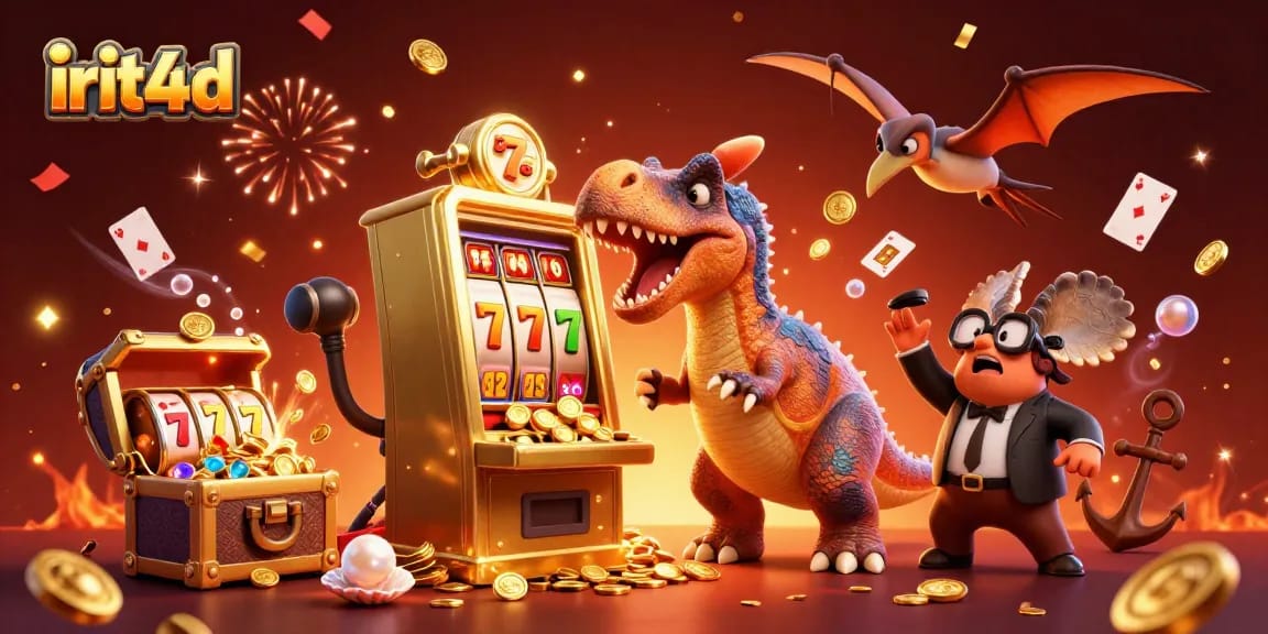 irit4d showcases a thrilling casino scene with a dinosaur headbutting a slot machine for a jackpot.