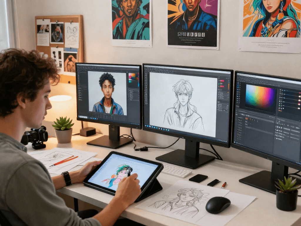 Artist developing NSFW AI art in a vibrant digital workspace.