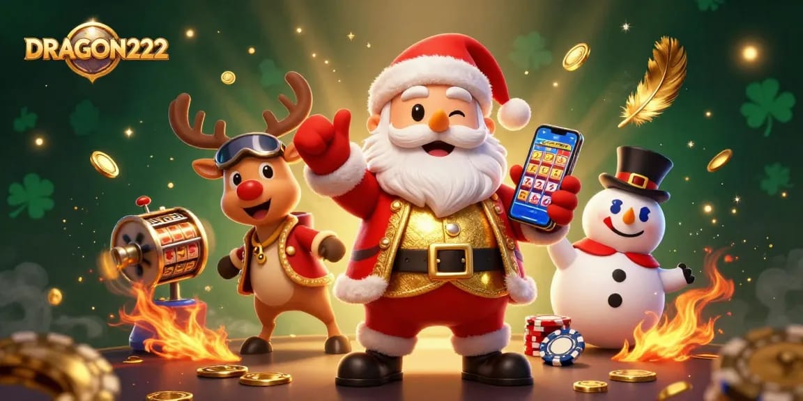 Experience thrilling wins with DRAGON222's jackpot slots amidst festive 3D casino characters.