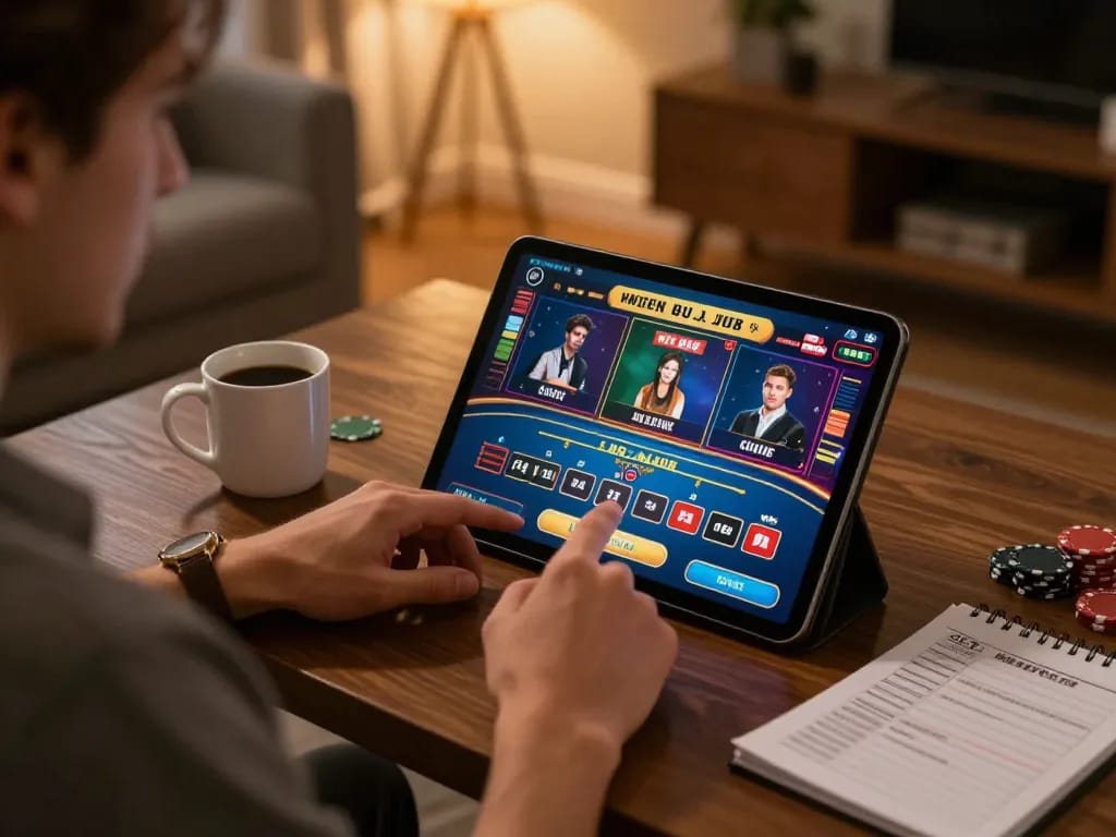 Engaged player enjoying online gambling at manclub with live dealer game on tablet.