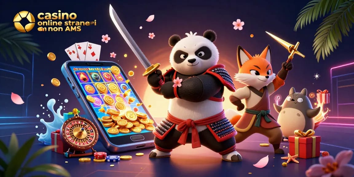 Immagine che presenta il casino online stranieri non AAMS con panda samurai e volpe ninja tra elementi di gioco.
