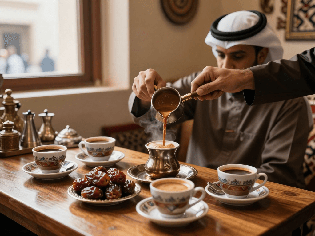 قهوجي الرياض يجهز القهوة العربية في مقهى تقليدي بالرياض، مع أجواء دافئة ومرحب بها.