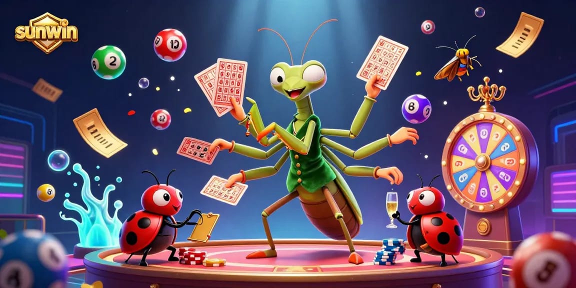 Experience the thrill of winning with sunwin in this vibrant, interactive casino scene featuring a giant mantis and ladybug.