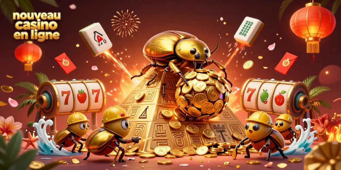 Découvrez le nouveau casino en ligne avec un scarabée doré et des éléments de jeu dynamiques.