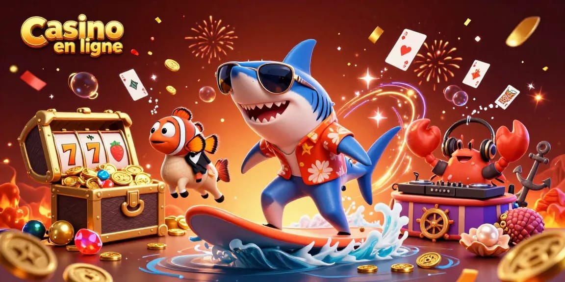 Profitez de l'imaginaire des jeux sur casino en ligne avec un requin héroïque sur une vague de pièces d'or.