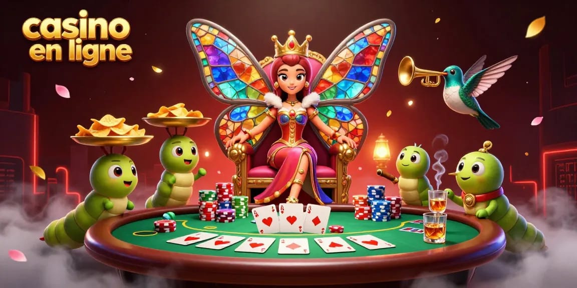 Profitez des jeux de casino en ligne avec cette illustration colorée d'une reine papillon et de jetons de poker.