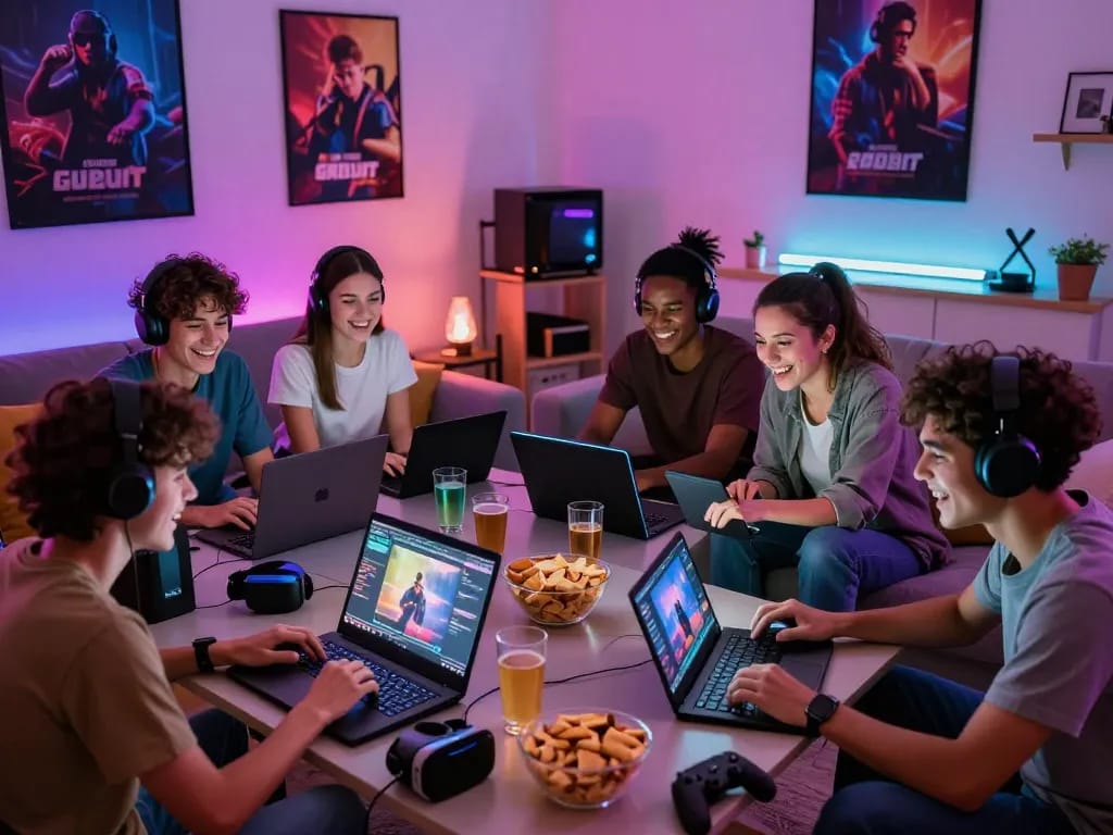 Friends enjoying a gaming session with vegasslot77 in a vibrant living room.