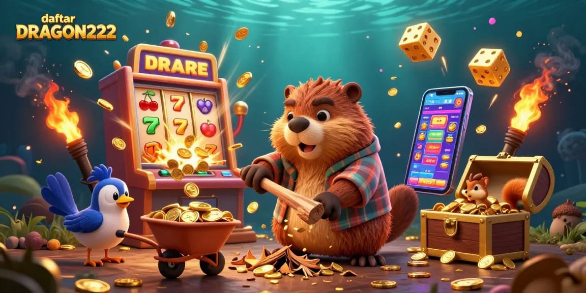 Join the excitement at daftar DRAGON222 with animated gold coin rain and lively characters!