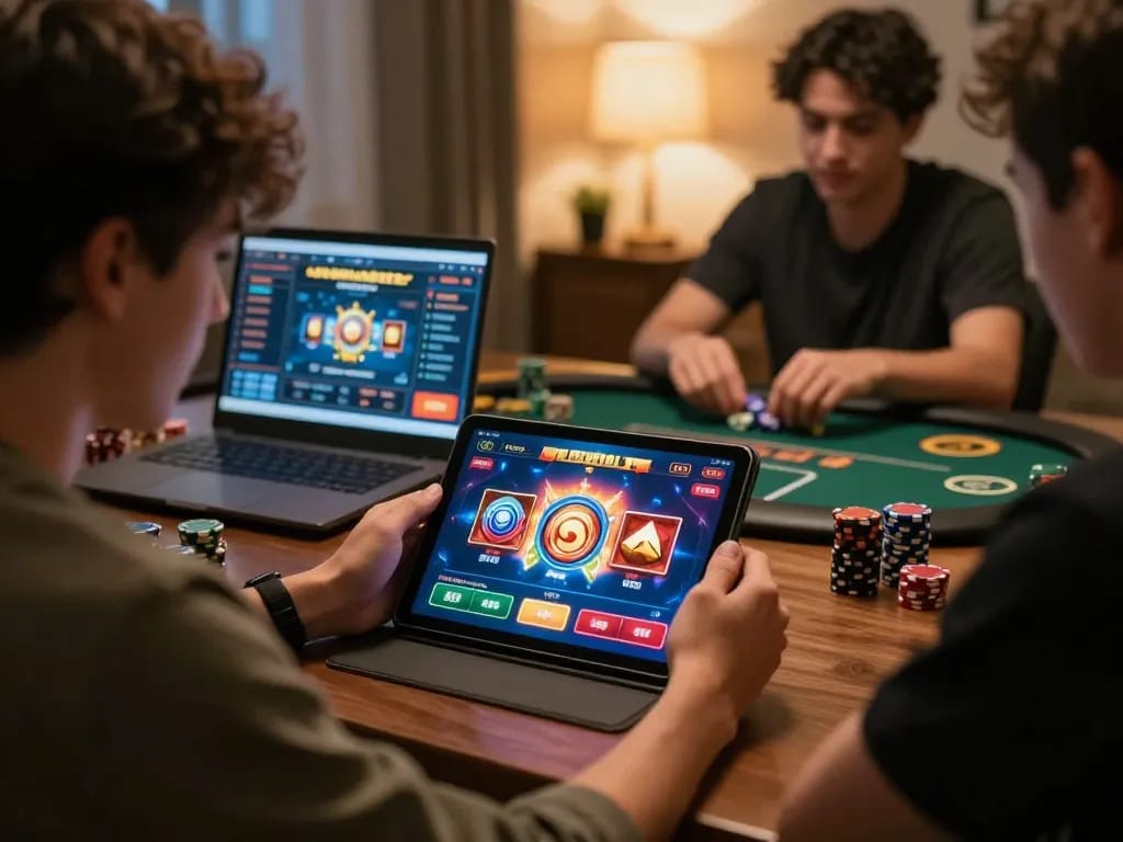 Players engaged in online เว็บตรงสล็อต gaming with tablets and laptops in a cozy home setting.