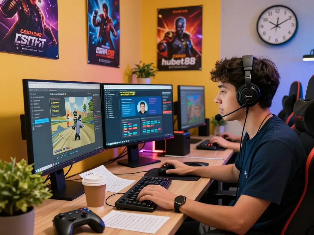 Customer support agent providing assistance for CSKH 24/7 hubet88 in an engaging gaming environment.