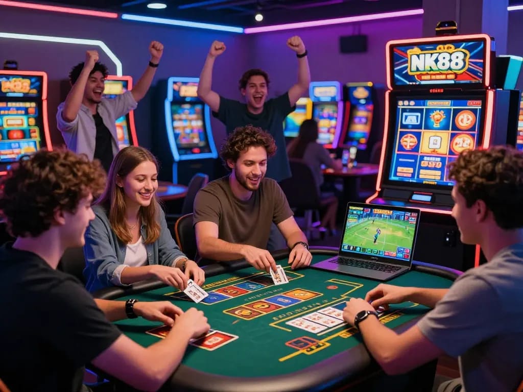 Action-packed gaming scene showcasing players enjoying nk88 win on various devices across vibrant casino games.