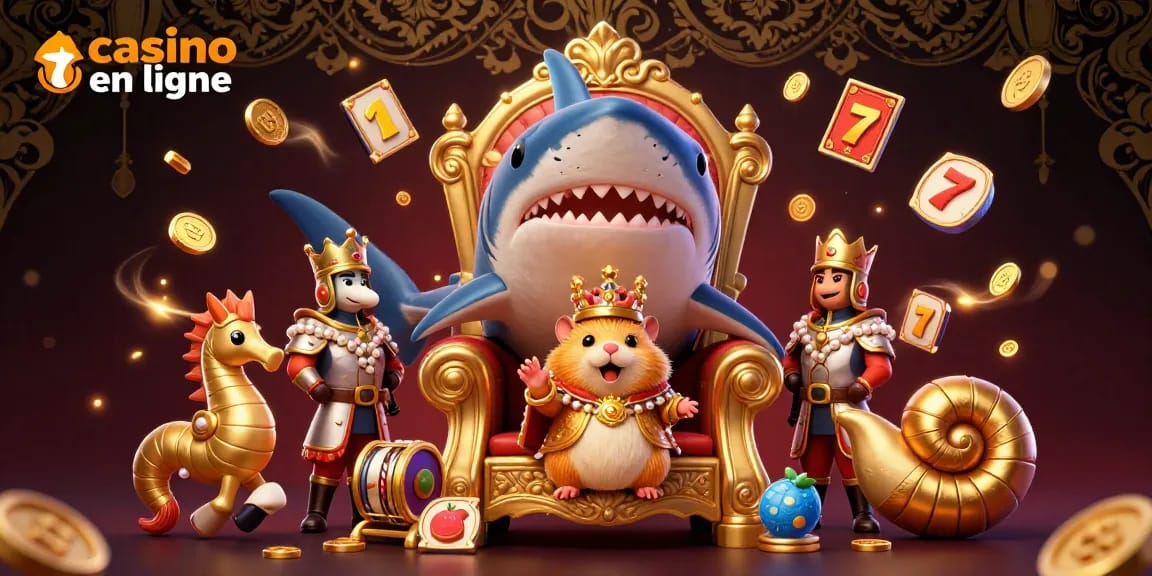 Venez jouer sur casino en ligne avec le roi hamster dans un trône de dents de mégalodon, entouré de trésors.