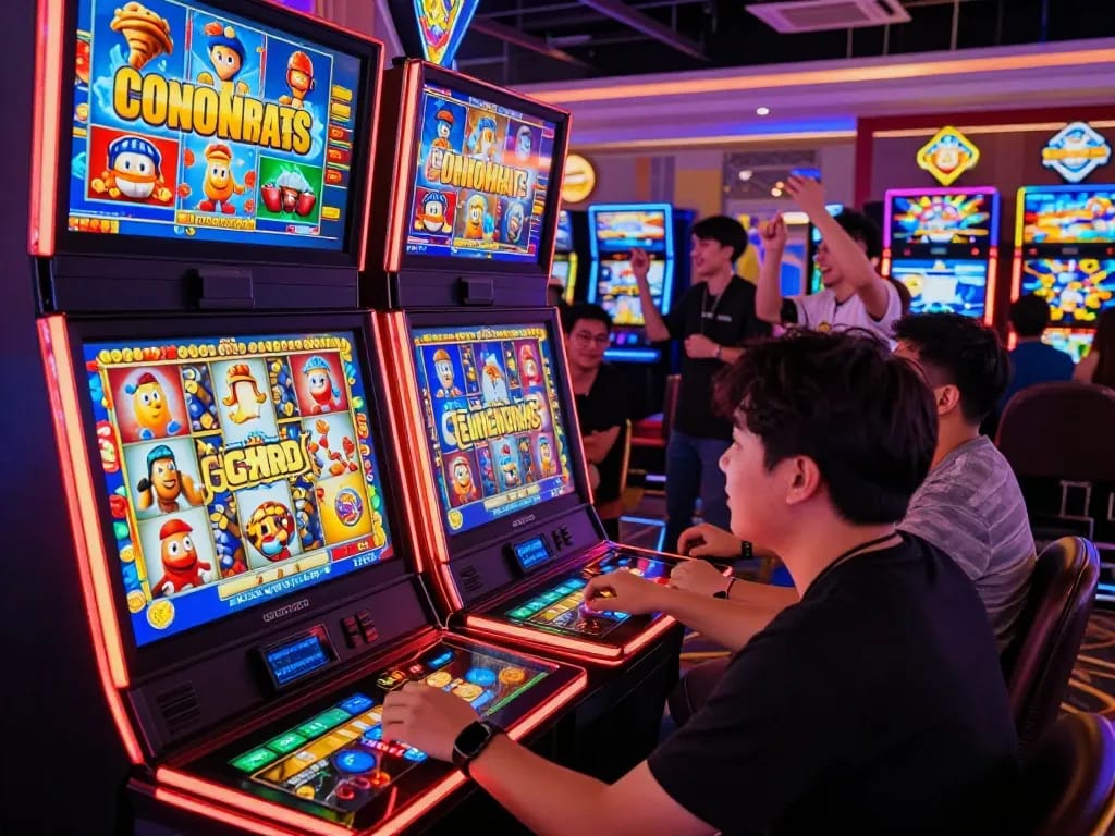 Atmosfer permainan yang mendebarkan di kasino virtual dengan pemain yang menikmati slot situs slot gacor.