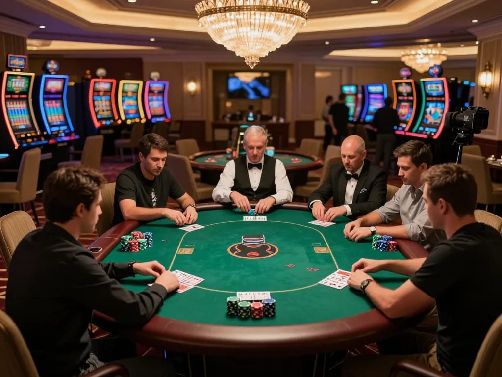 Engaged players at a luxurious poker table showcasing giường bệnh nhân strategy in action amidst a vibrant casino