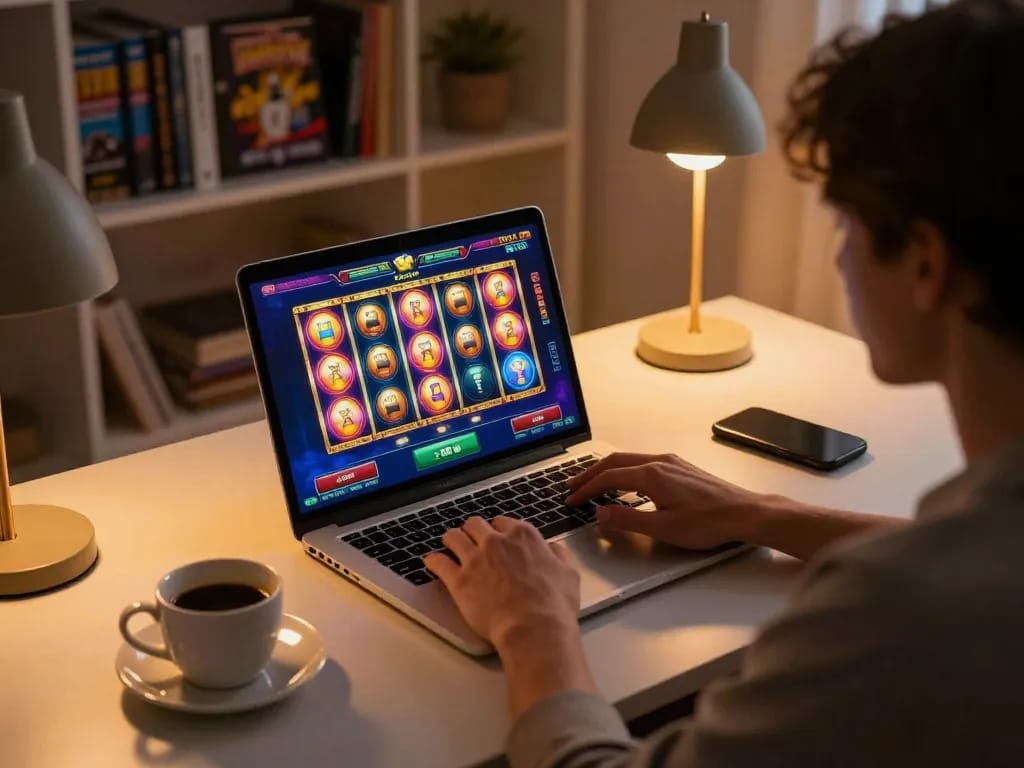 Engaging in online slot resmi gameplay at home with vibrant visuals and warm atmosphere.