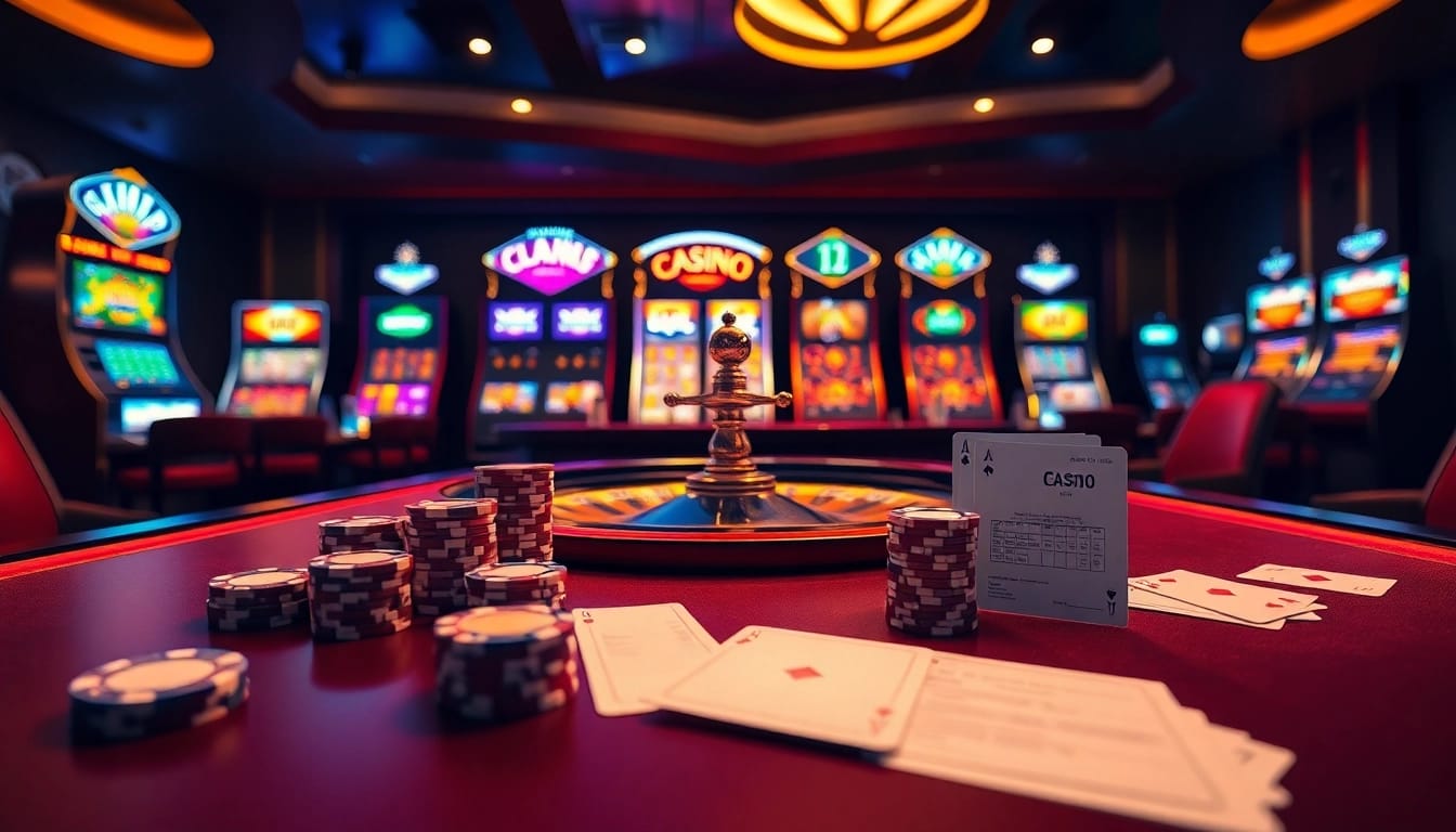 Scène engageante de casino en ligne avec des jetons de poker et une roulette, montrant l'excitation des jeux en ligne.